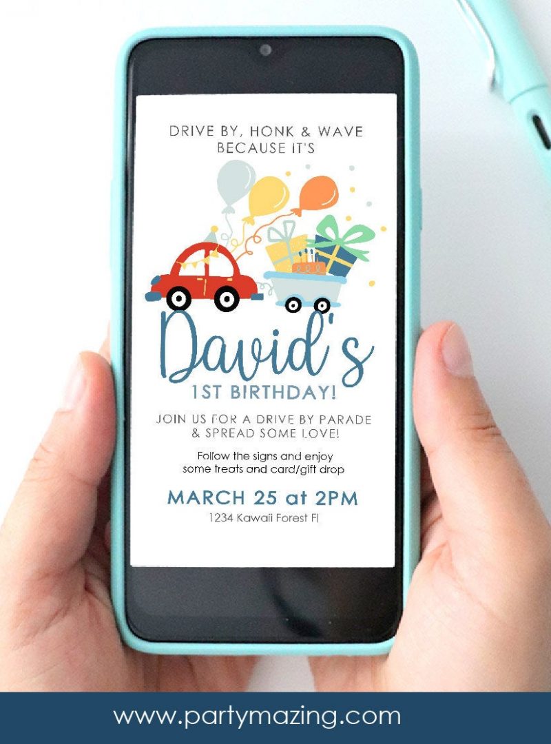 Red Car Drive By Birthday Parade Invitation | Digital Paperless Party Invite | Electronic Invite to text or Email | E258