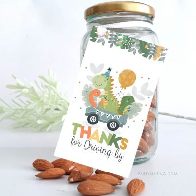 Dino Driving by Gift Tag | Printable Dinosaur Thank You Party Favor Tag PK08 | E452
