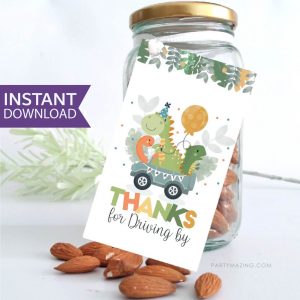 Dino Driving by Gift Tag | Printable Dinosaur Thank You Party Favor Tag PK08 | E452