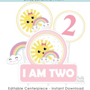 Editable Pink Little Sunshine Cake Topper | Printable Girl Birthday Centerpiece PK24 | E572