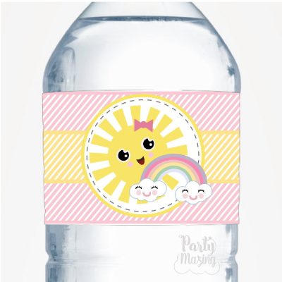 Little Sunshine Girl Birthday Water Bottle Labels | Printable Rainbow and Sun Labels Stickers PK24 | E571