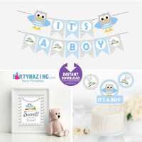Blue Owl Baby Shower Set | Printable Express Party Package Set |  PK01 | E002