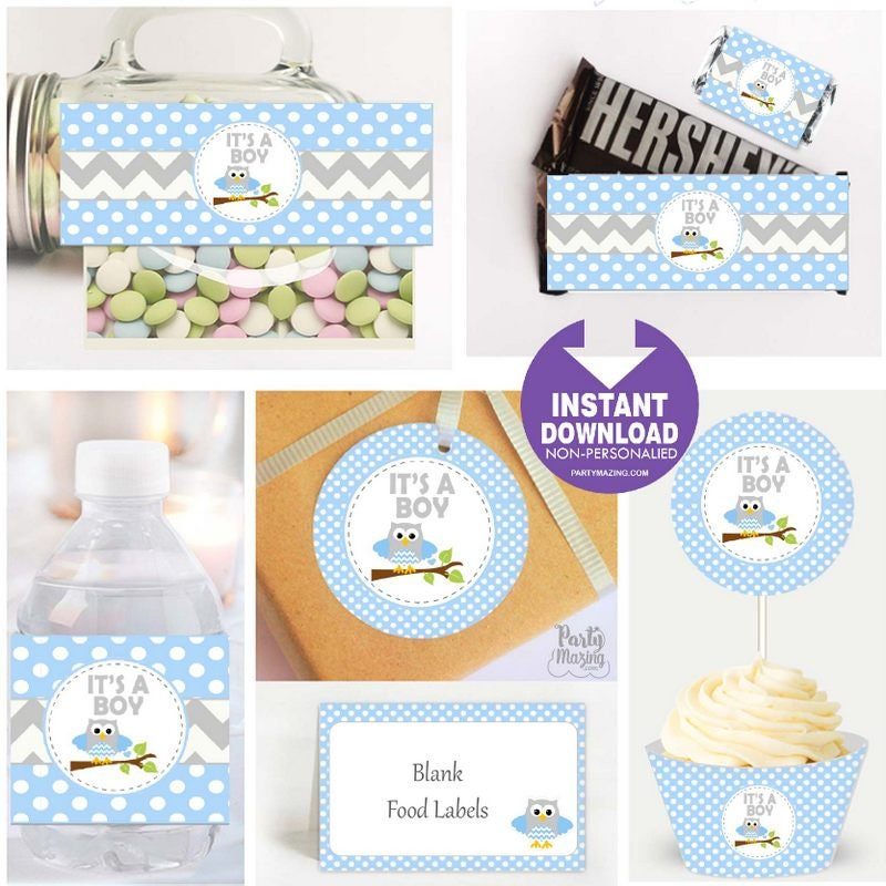 Blue Owl Baby Shower Set | Printable Express Party Package Set |  PK01 | E002
