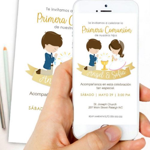 Girl and Boy First Holy Communion Digital Invitation | Twins or Siblings Modern Electronic Invitations | PK06 | E180