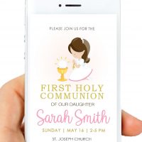 Girl First Holy Communion Digital Invitation | Modern Electronic Invitations | PK06 | E518