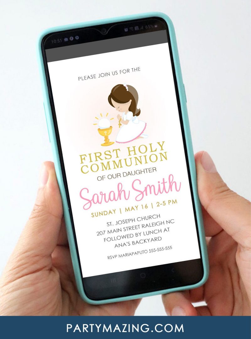 Girl First Holy Communion Digital Invitation | Modern Electronic Invitations | PK06 | E518