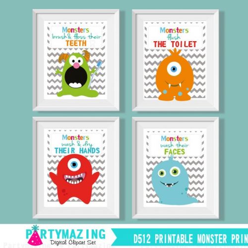 Monster Kids Bathroom Rules Art Signs | Printable Little Monsters Posters | Wash Hands, Brush Teeth, Floss Toilet, Wash Face | PK10 | E041