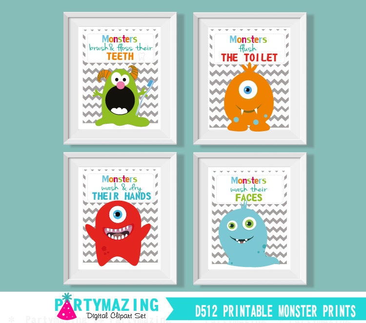 Monster Kids Bathroom Rules Art Signs | Printable Little Monsters Posters | Wash Hands, Brush Teeth, Floss Toilet, Wash Face | PK10 | E041