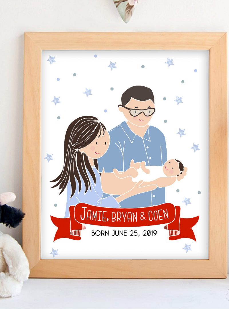 New Baby Family Portrait Drawing | Pregnancy Hand-Drawn Illustration Art Print Cartoon Style | E490