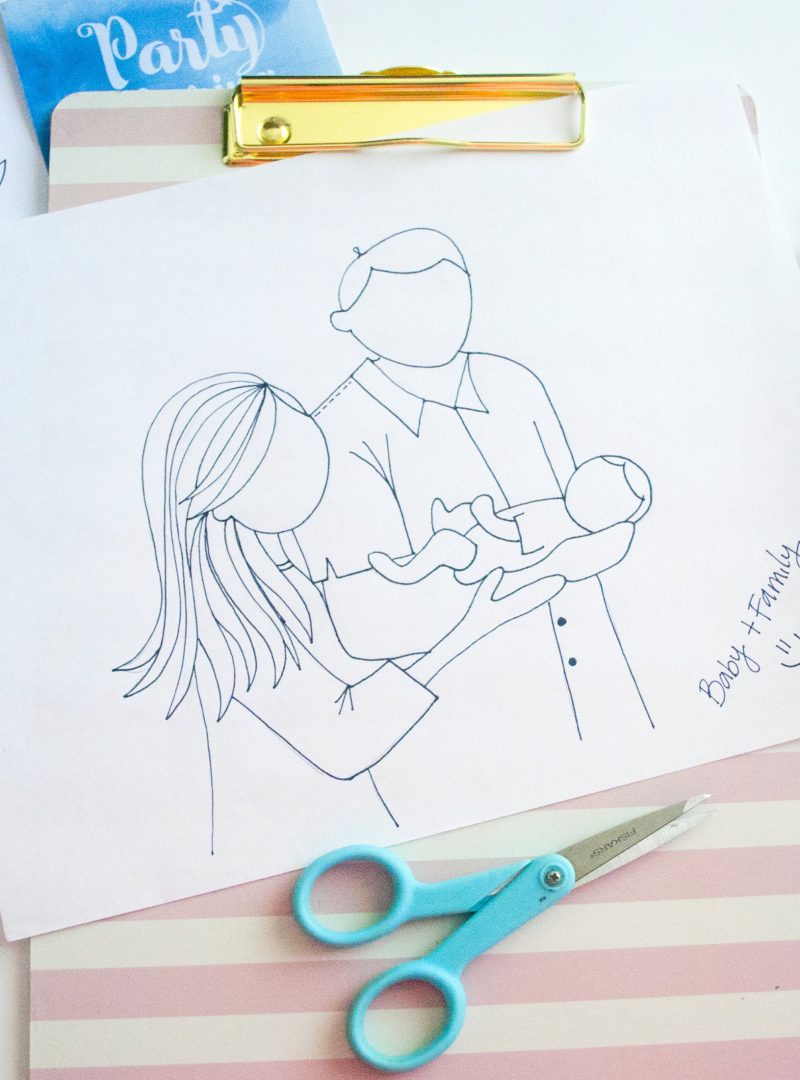 New Baby Family Portrait Drawing | Pregnancy Hand-Drawn Illustration Art Print Cartoon Style | E490