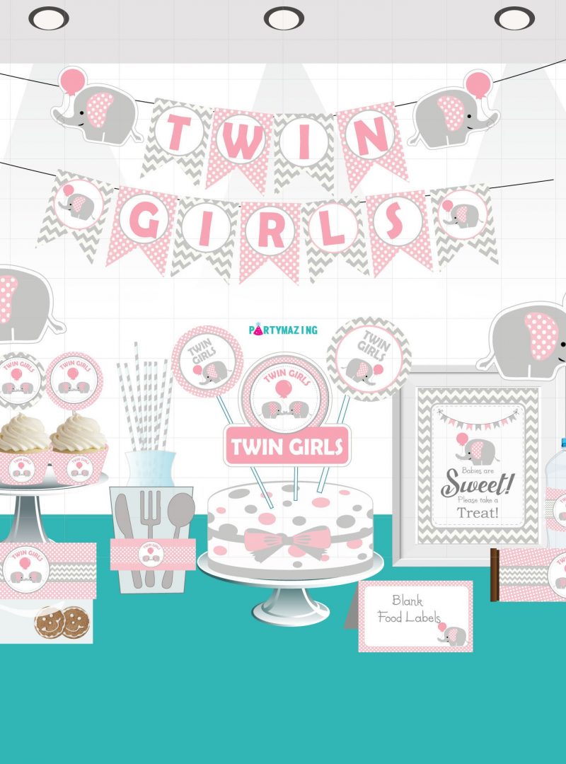 Pink Elephant Twin Girls Baby Shower Express Party Set | Printable Package Decor | PK03 | E035