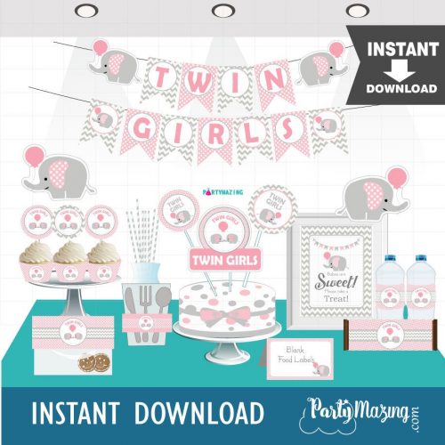 Pink Elephant Twin Girls Baby Shower Express Party Set | Printable Package Decor | PK03 | E035
