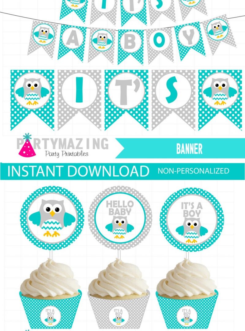 Printable Boy Turquoise Owl Baby Shower Express Party Set Package Decorations | PK01 | E024