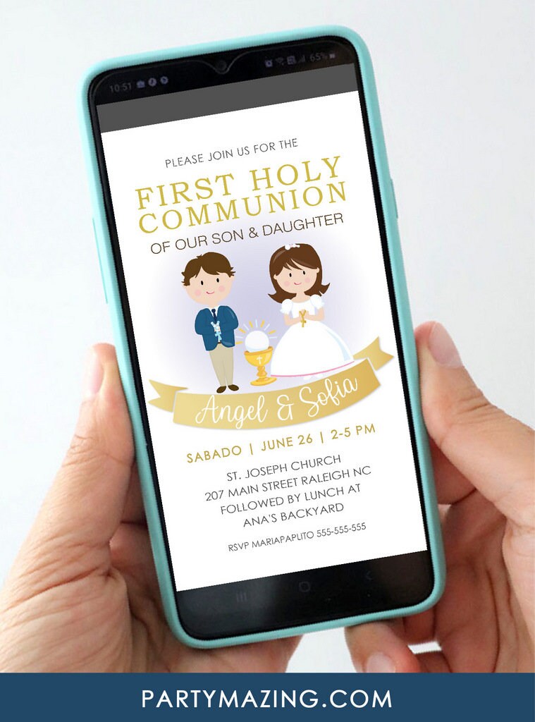 Twin First Communion Invitation  | Girl and Boy First Holy Communion Invite | Twins or Siblings Modern Electronic Invitations | PK06 |  E050
