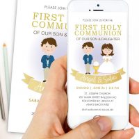 Twin First Communion Invitation  | Girl and Boy First Holy Communion Invite | Twins or Siblings Modern Electronic Invitations | PK06 |  E050